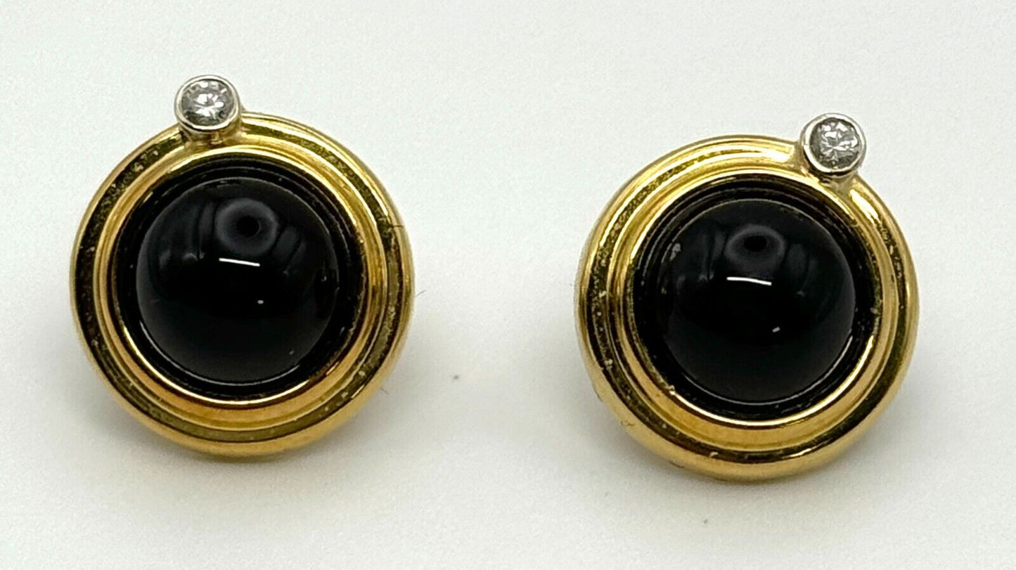 Vintage 18k Yellow Gold Onyx & Diamond Button Earrings (KnK)