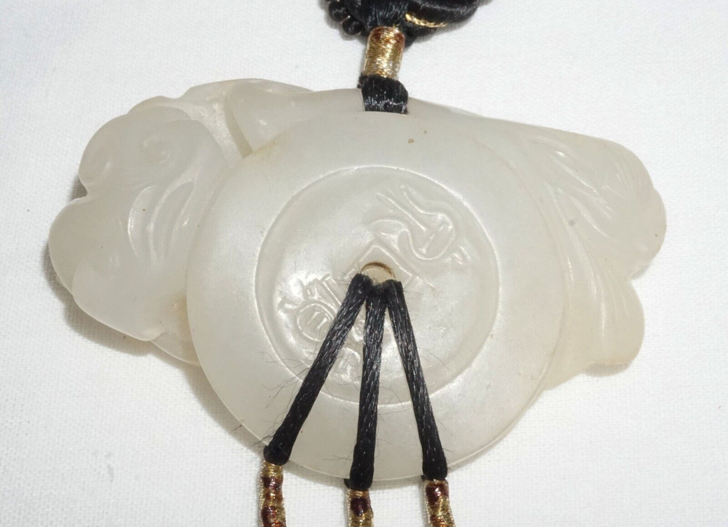 19C Chinese Nephrite Jade Pendant w. Bat & Coin Motif on Cord Necklace (FeL)