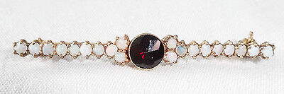 1900 EDWARDIAN UNMARKED YELLOW GOLD BAR PIN w. GARNET & WHITE OPALS (Le)