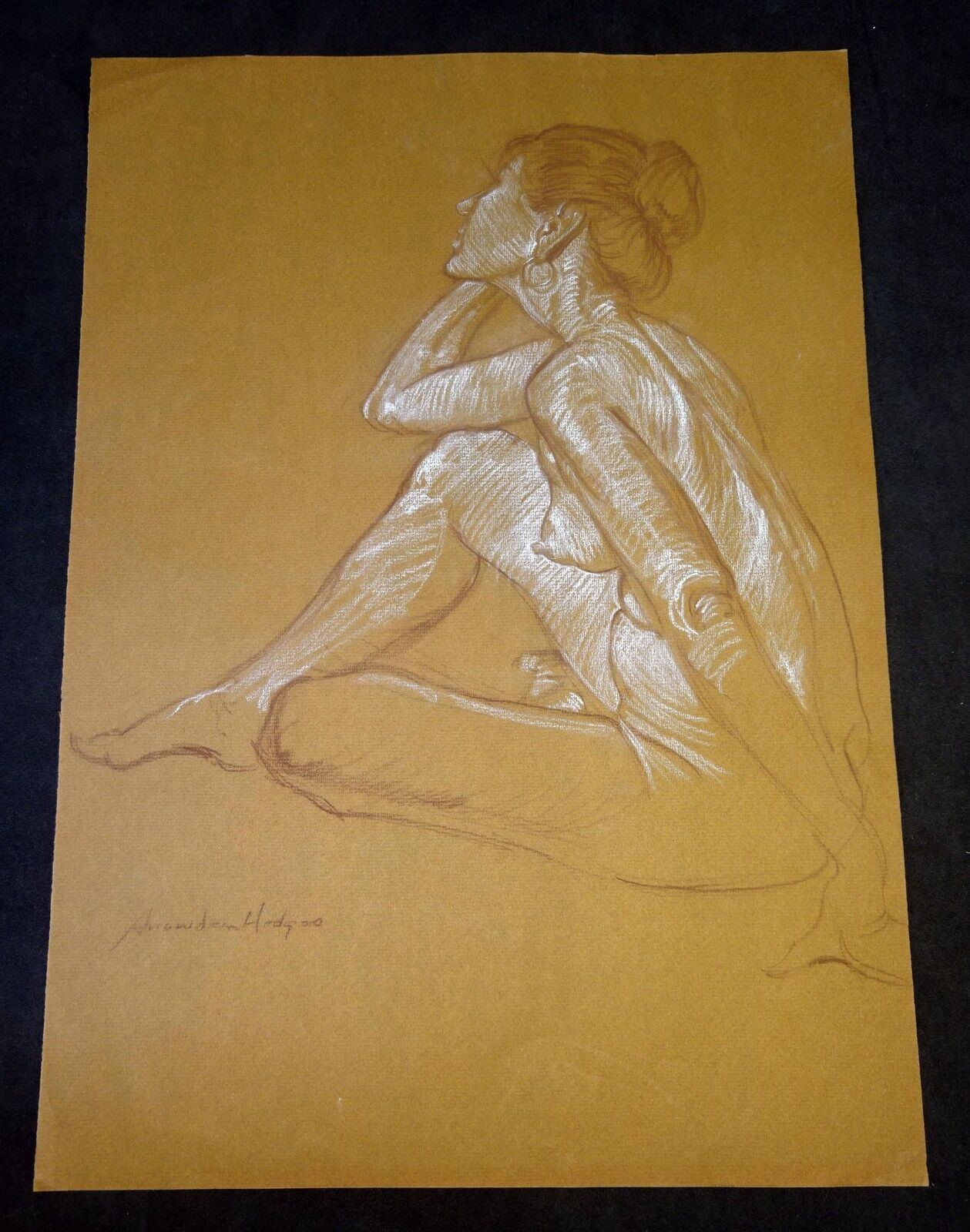 Vtg Original Mixed Media Drawing Painting Seated Nude by Snowden Hodges (Sho)