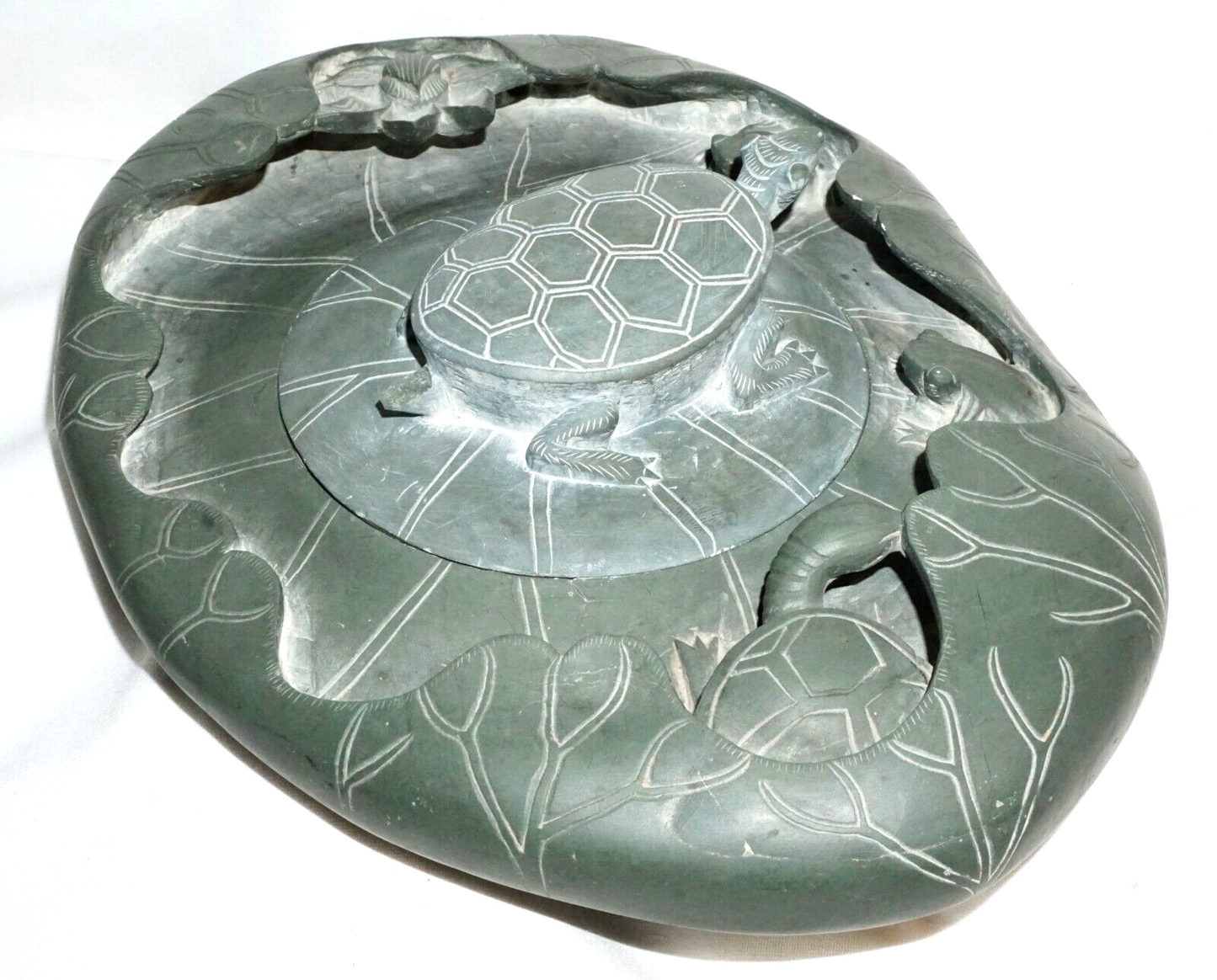 Chinese Large Slate Carving Ink Stone Scholars Desk Tortoise & Toad Motif (ChT)