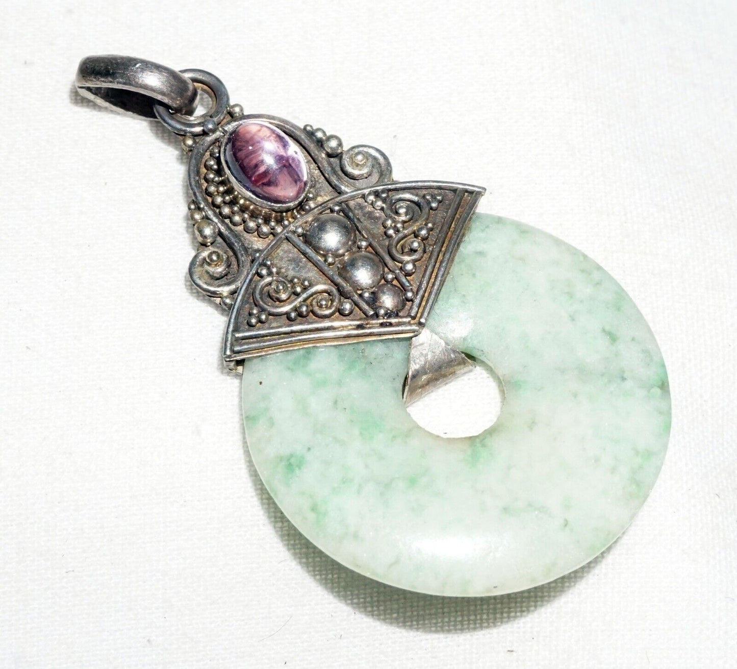 Vintage Chinese Sterling Silver Pendant w. Jadeite Jade Disk & Amethyst (***)