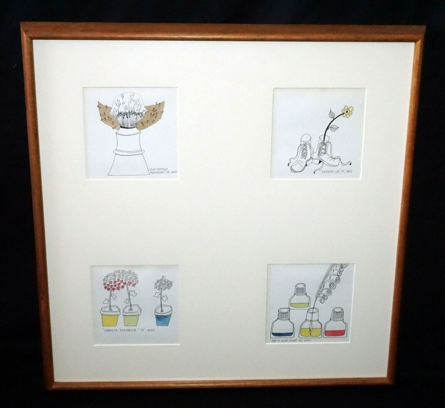 1972 US Koa Framed 4x Color Print Whimsical Grouping signed W.R.T. (CWo)