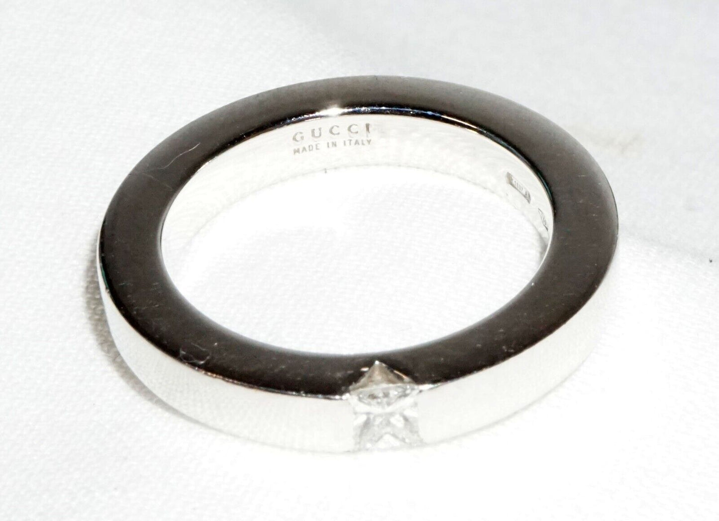 Vintage Italy 18k White Gold Ring Sz.8 w. 1x Diamond by Gucci in Box (InS)