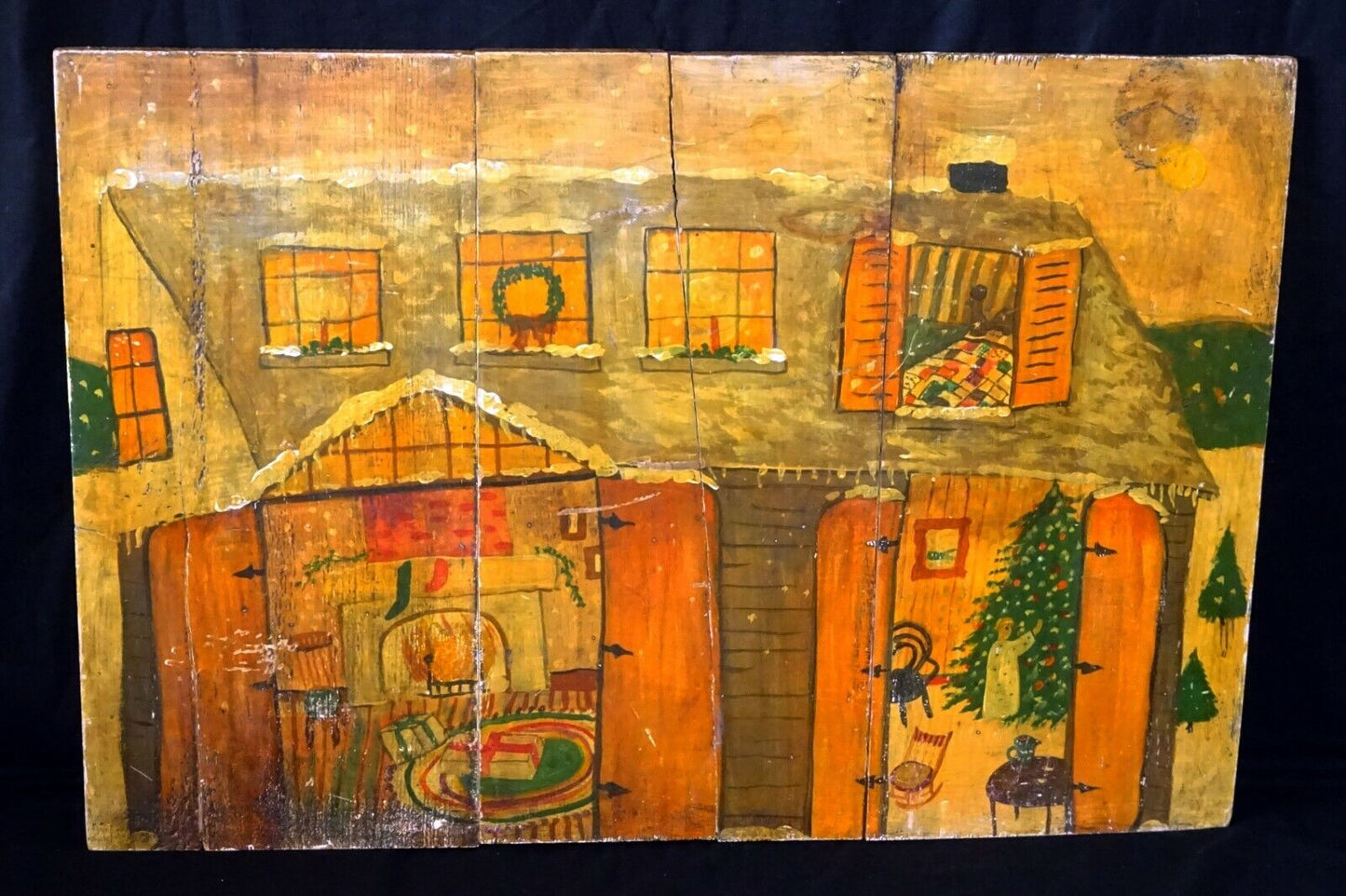 Vintage Naive Folk Art Painting on Boards Christmas Home w. Tree unsigned (HoL)