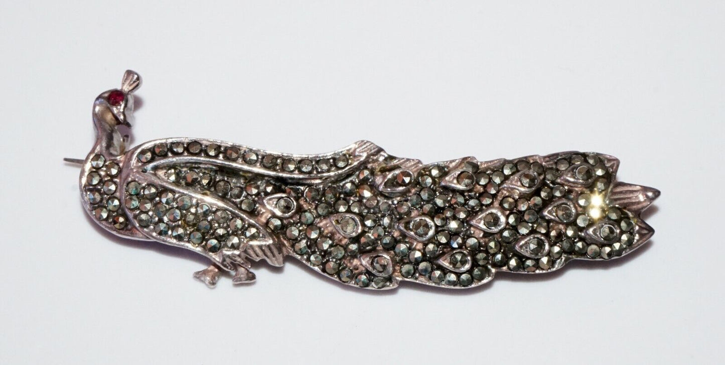 Vintage Sterling Silver Peacock Motif Brooch Pin w. Marcasite Accents (***)