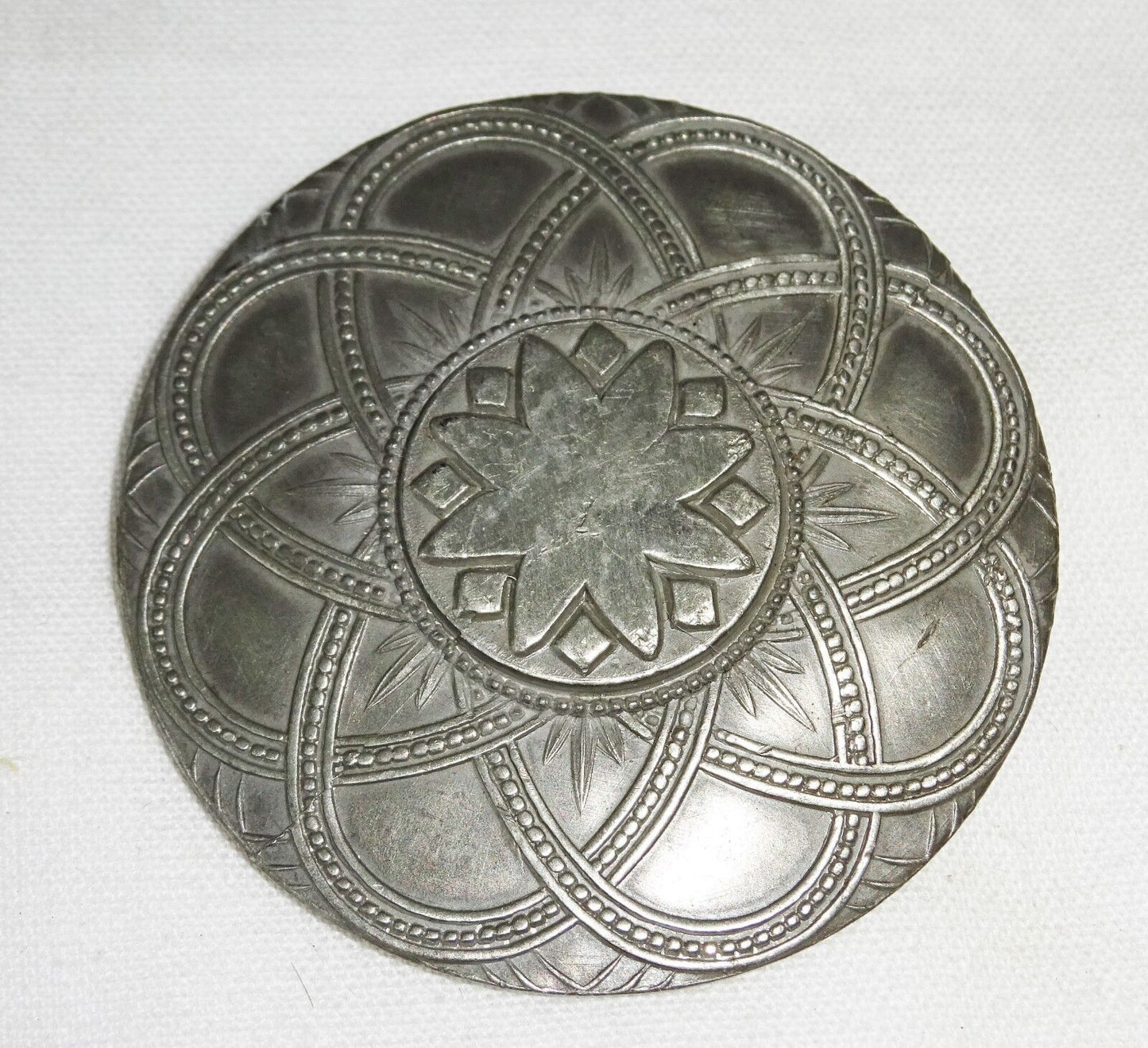 Vintage Norway Pewter Circular Brooch Pin w. Star & Curvilinear Motifs (***)
