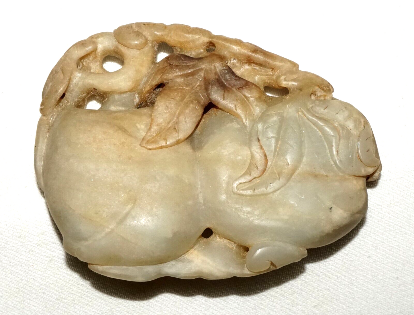 Antique Chinese Large Jade Carving Double Peaches & Double Bat Motif (Les)L21