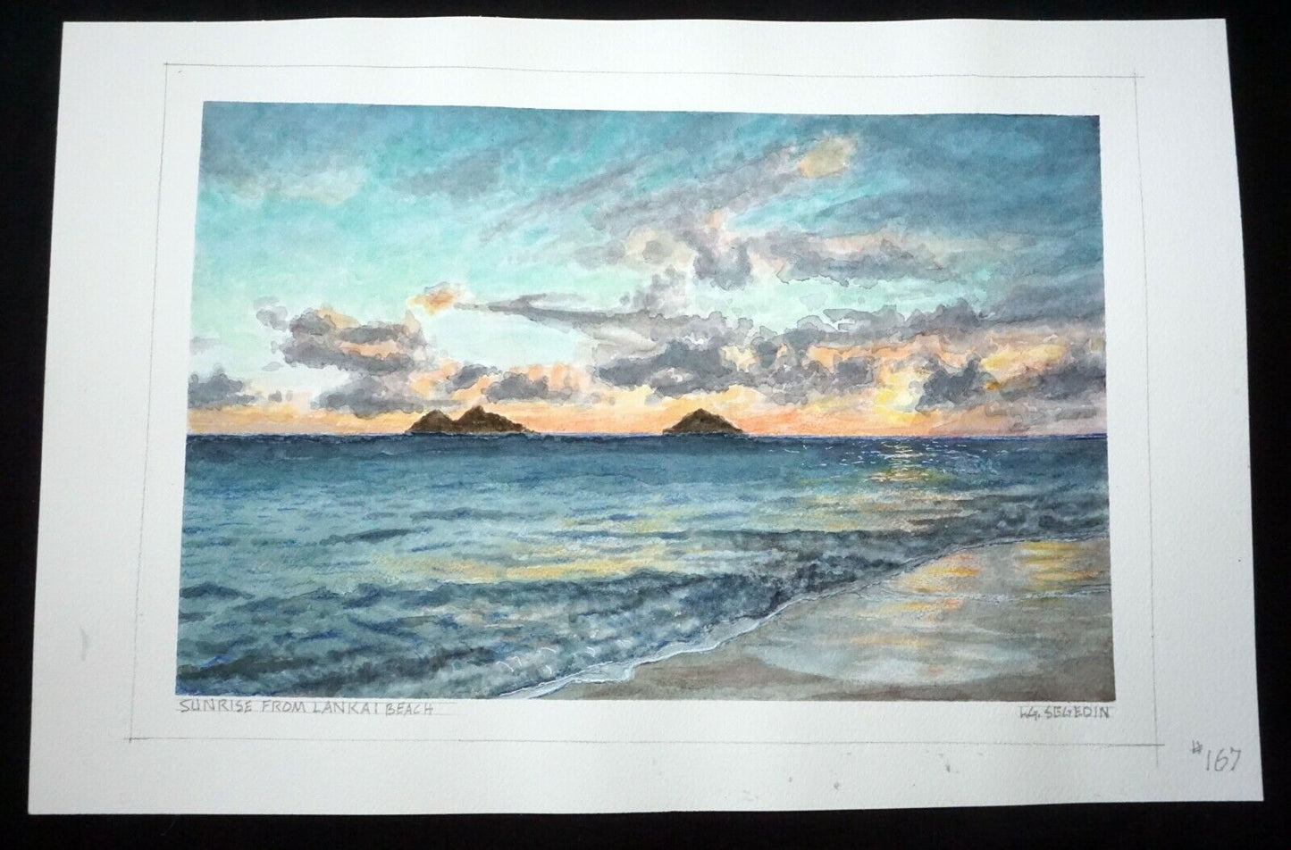 Hawaii Watercolor Painting Sunrise from Lanikai Beach by Larry Segedin #167