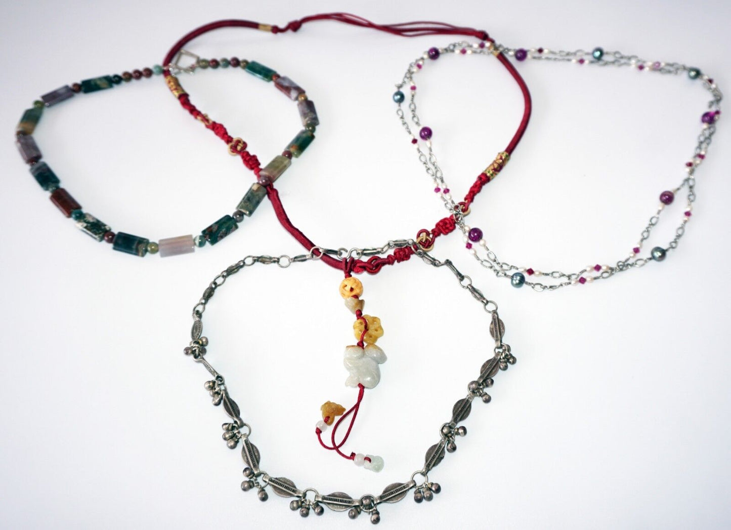 4x Mixed Bead Necklaces w Jade, Silver, Pearls & others by Yasue Yamada (Yam)#13