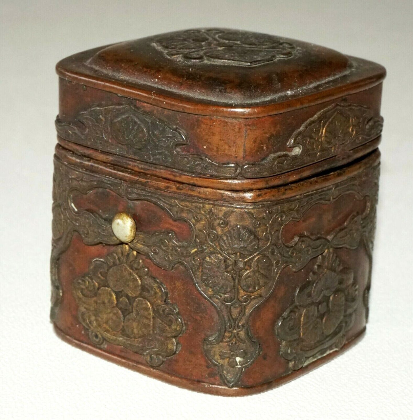 19C Japanese Edo Period Hinged Top Copper Ink Container Box w. Crest (MoW)