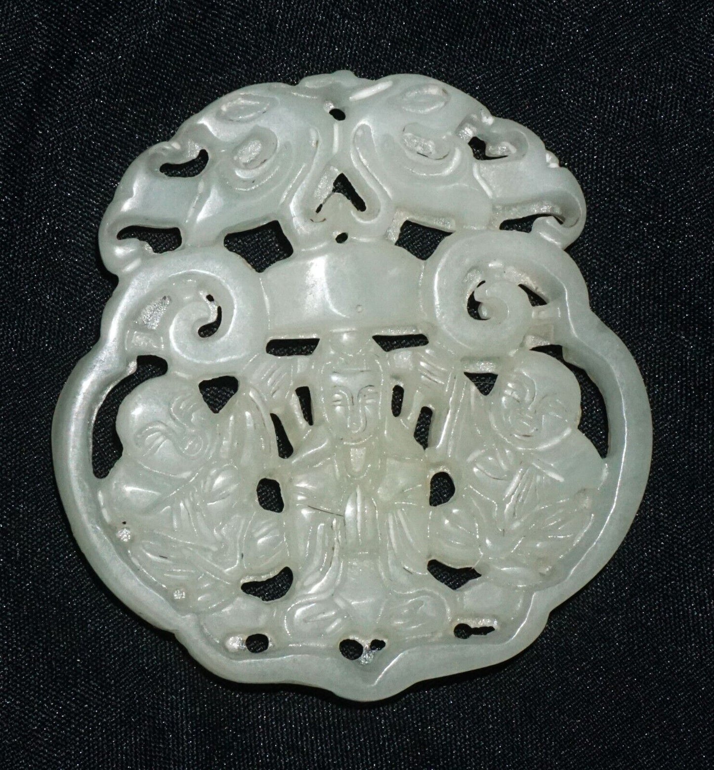 Antique Chinese Nephrite Jade Pierced Pendant Kwan Yin & Twin & Bat Motifs (---)