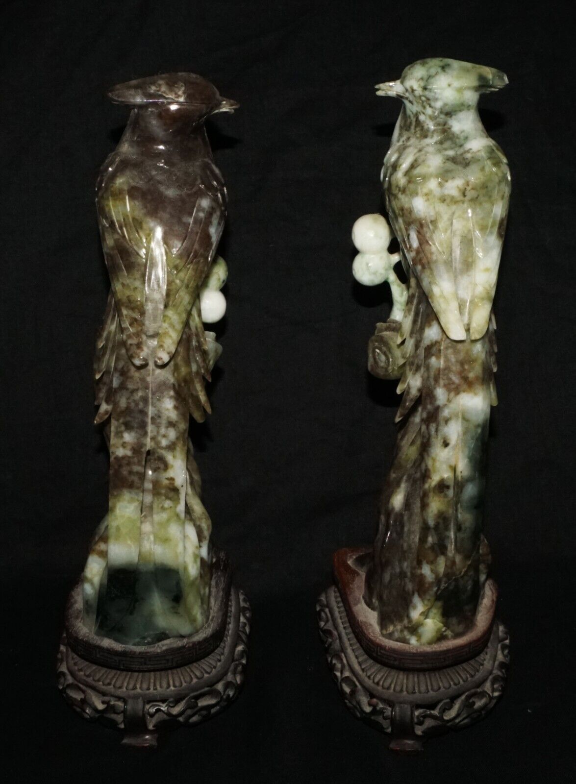 Pair Vintage Chinese Mottled Black Jadeite Jade Carvings Exotic Birds (LeD)
