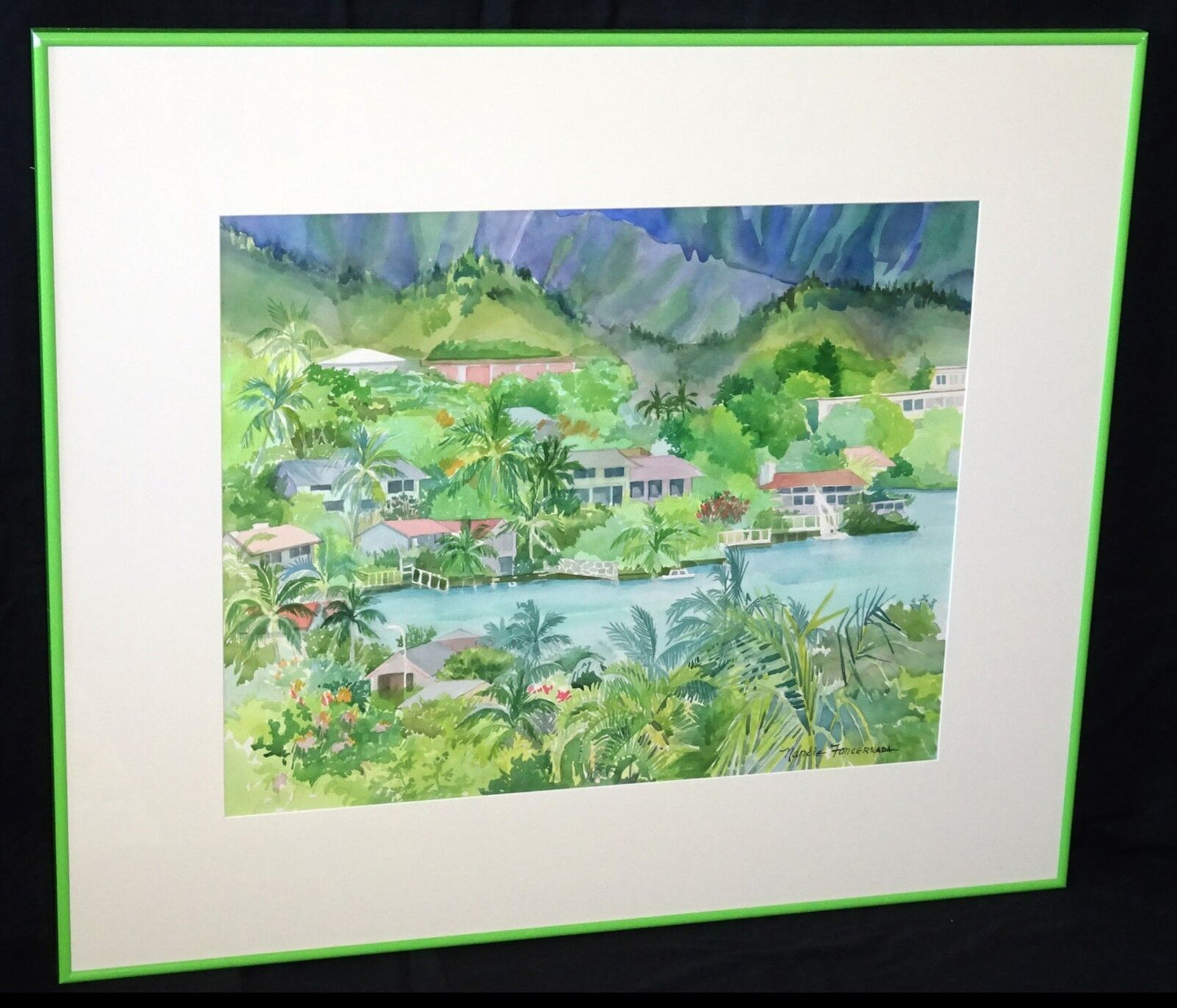 1990s Hawaii WC Painting "Windward Oahu Bay View" by Nancy Foncerrada (MoJ)
