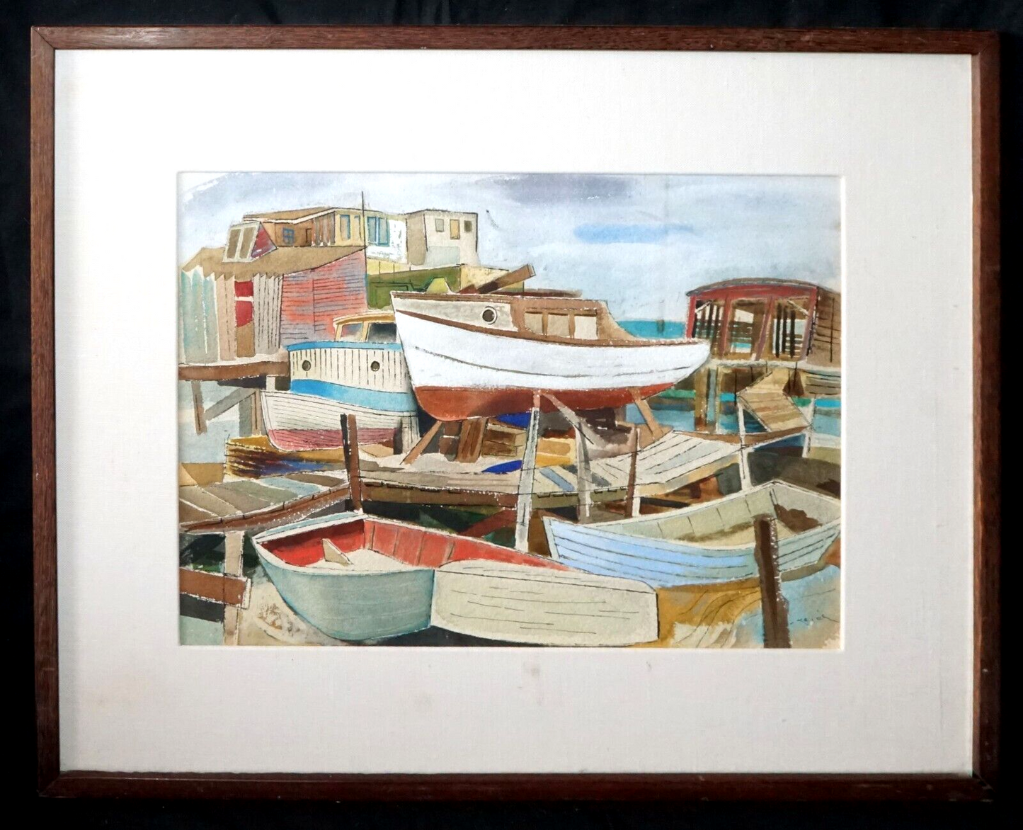 1948 Hawaii Watercolor Painting Boat Harbor II by Keiichi Kimura (1914-88) (PeN)