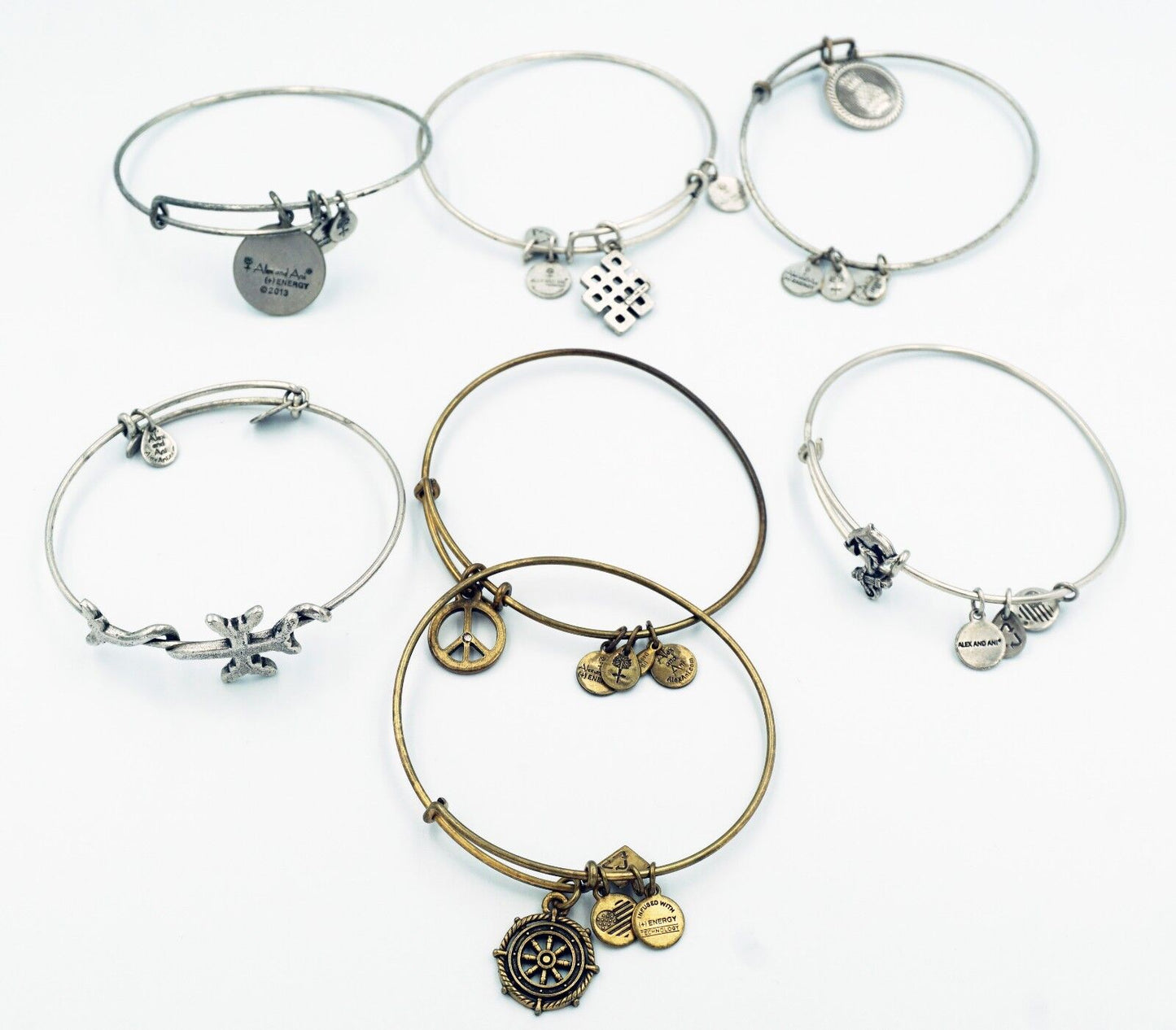 7x Alex and Ani Brand Mixed Lot Adjustable Bracelets w. Cross & Peace (Tra)