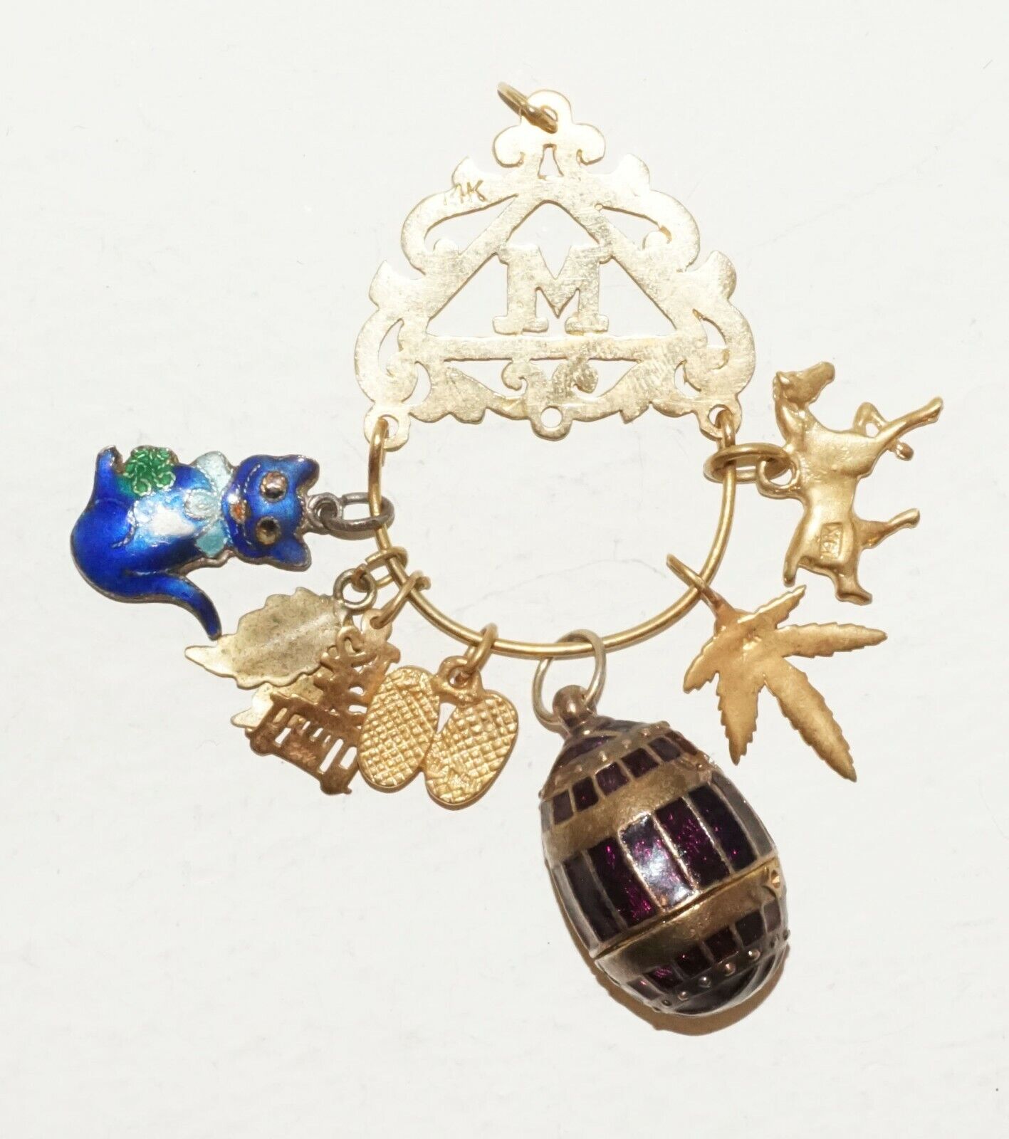 Vintage 14K Yellow Gold Charm M Motif Pendant w. 4 y.G. +3x Enamel & GP (BrM)#47