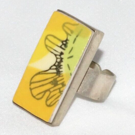 Vintage Silver Plated Abstract Sunflower Petal Tile Ring Adjustable Size (LoC)L2