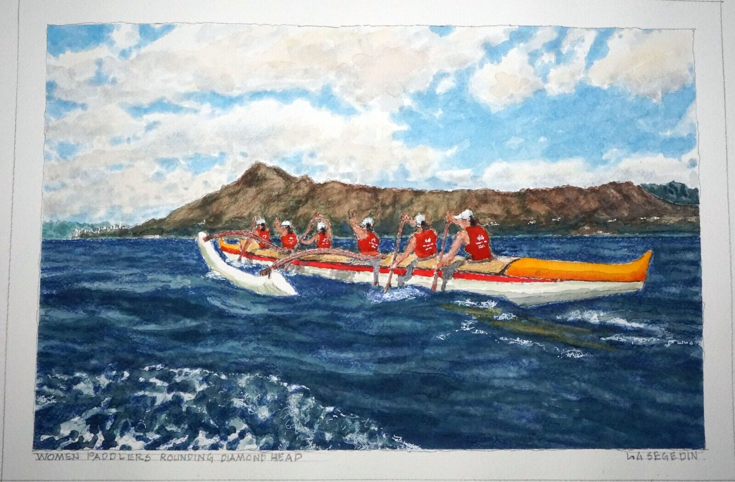 Hawaii Watercolor Painting Woman Paddlers Rounding Diamond Head L. Segedin #193