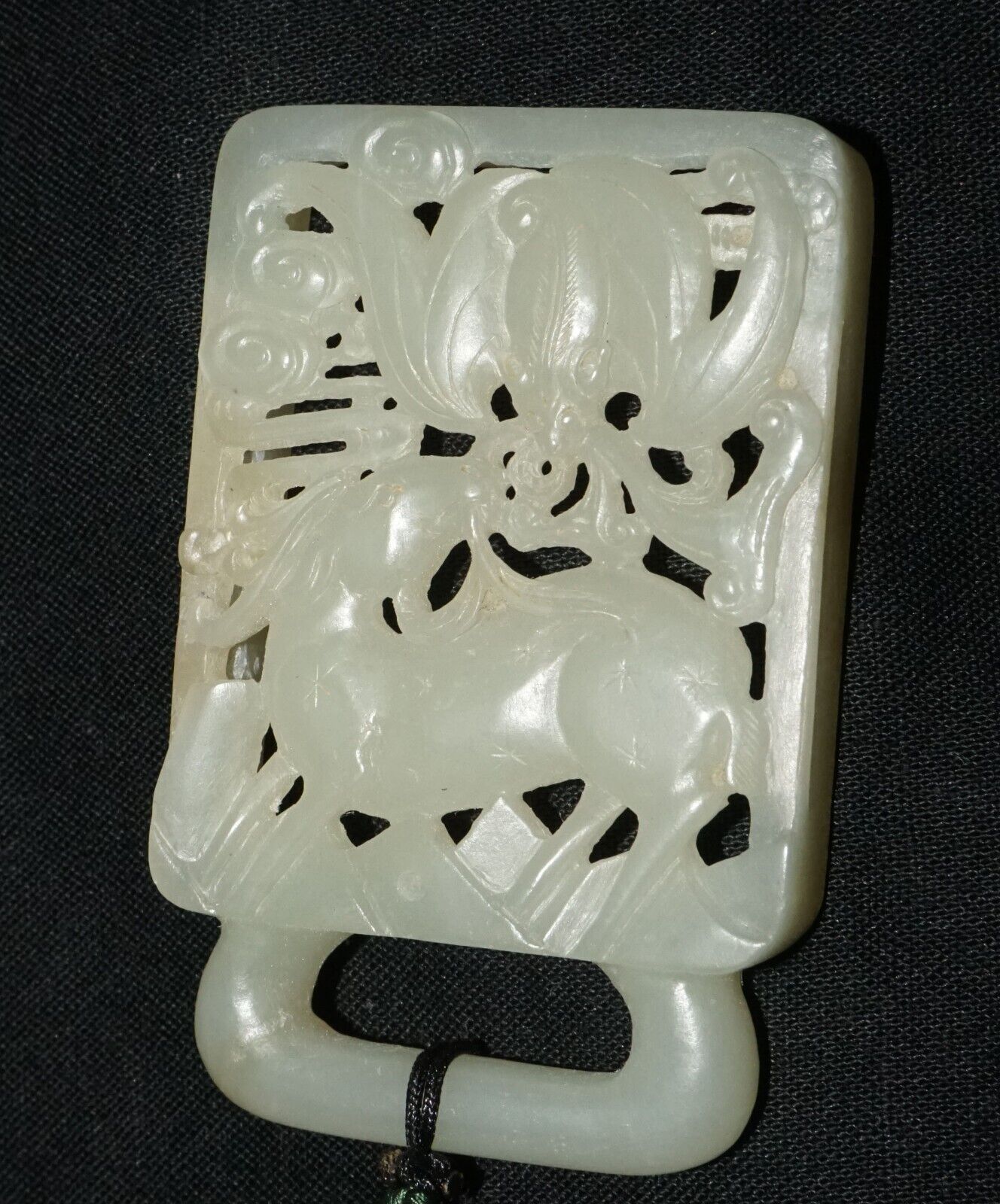18C Chinese Grey Green Nephrite Jade Pierced Belt Buckle Deer & Bat (LeS)L23