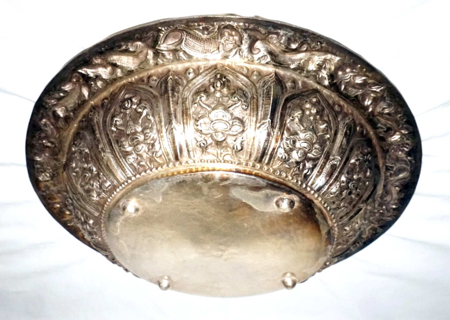 Vintage South East Asian Silver Alloy Deep Dish w. Relief Motifs & Marks (UVi)#7