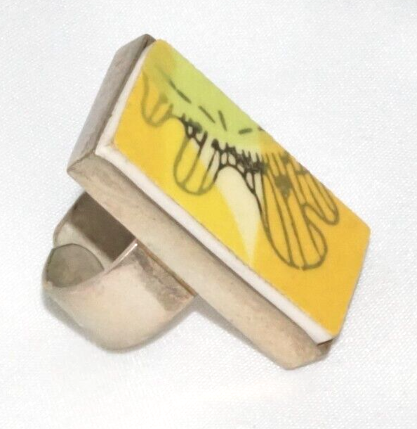 Vintage Silver Plated Abstract Sunflower Petal Tile Ring Adjustable Size (LoC)L2