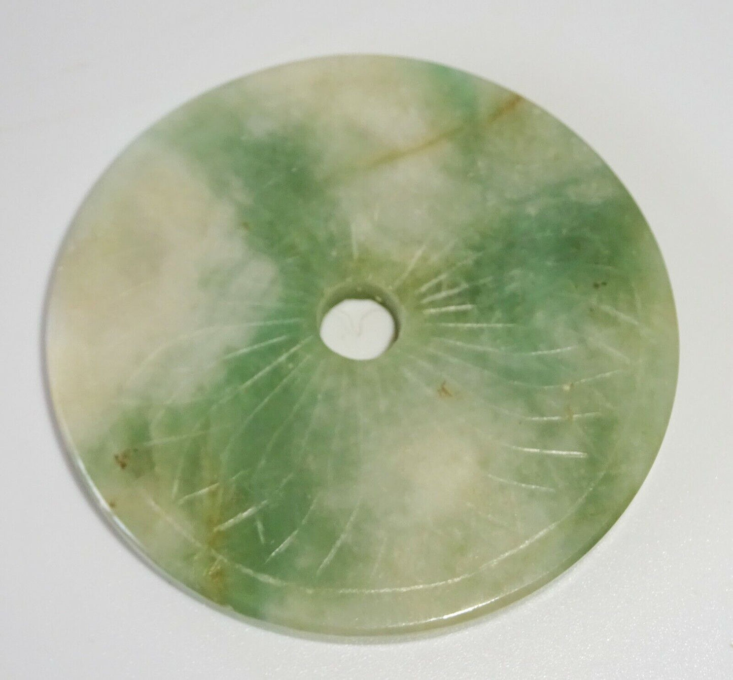 20C Chinese Jadeite Jade Incised Petal Motif Disk Carving (FeO) #37a