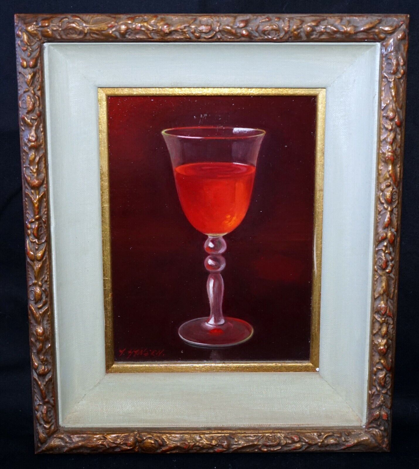 Vintage US Framed Oil Still Life Painting Glass of Red Wine by A. Hansen (FeO)