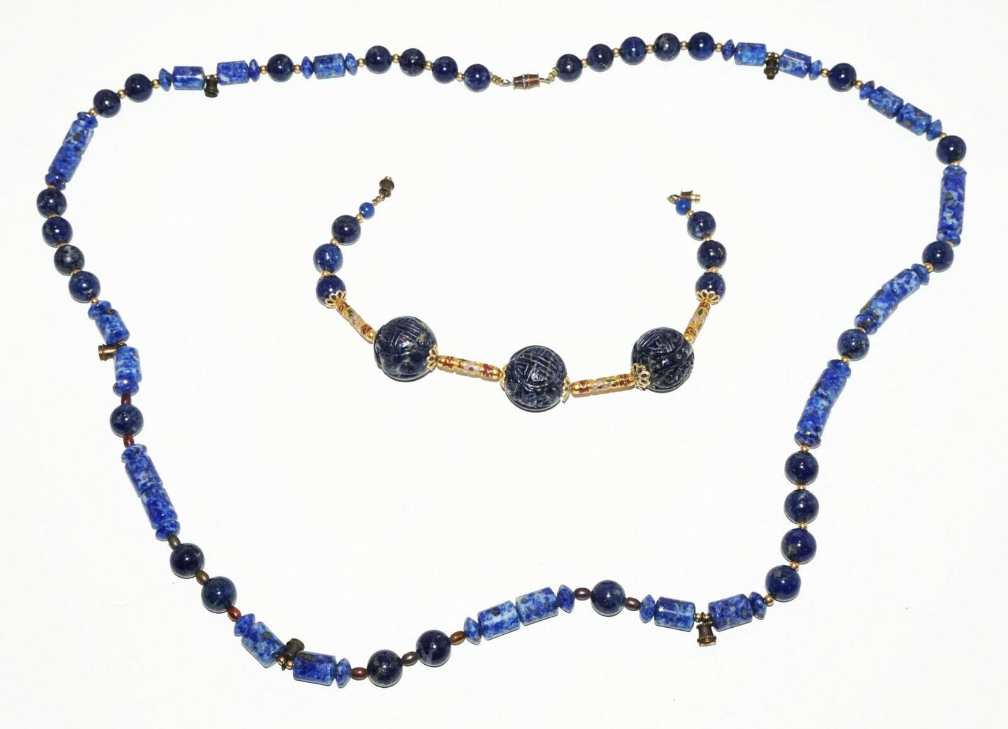 Chinese Lapis Lazuli Bead Necklace & Bracelet w. Plain & Carved Beads (HaY)#19