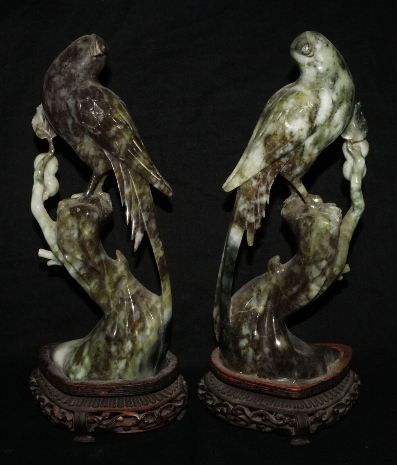 Pair Vintage Chinese Mottled Black Jadeite Jade Carvings Exotic Birds (LeD)