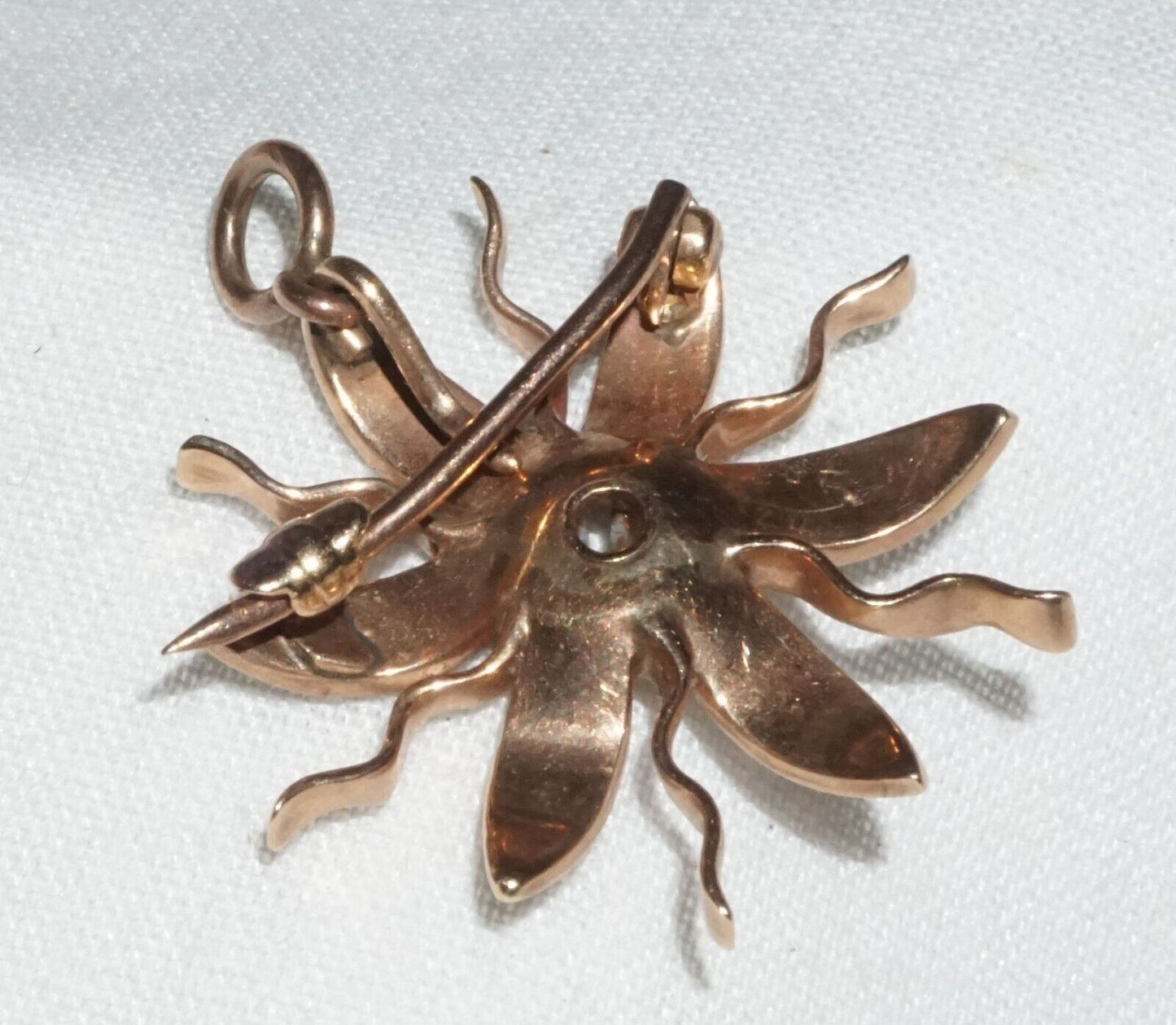 Antique Sunburst Motif Yellow Gold Brooch Pendant w. 30x Pearls & Diamond (GeB)6