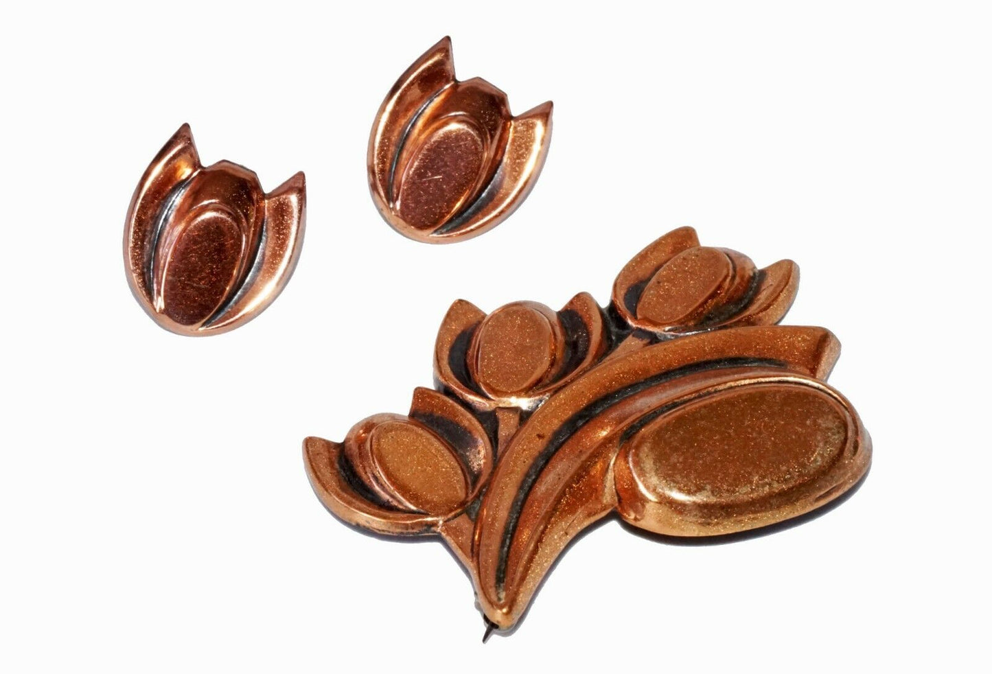 3Pc1950s Copper Tulip Motif Brooch Pin & Ear Clips Set by Renoir (Hod)