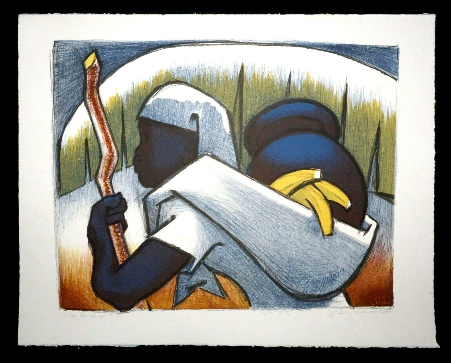 '78 Hawaii Fijian Print 12/30 "On the Go, Fiji" by Jean Charlot (1898-1979)(Mod)