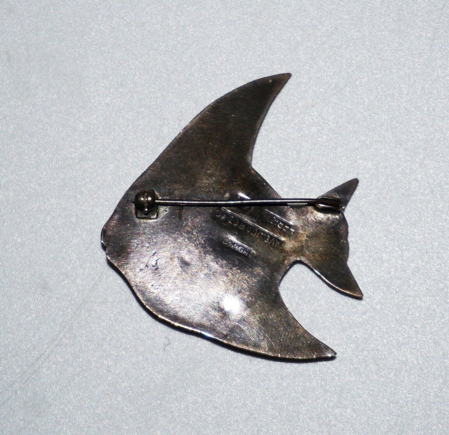 Mexico Sterling Silver Tropical Fish Pin w. Turquoise Eye by Ave Juarez 40 (CWo)