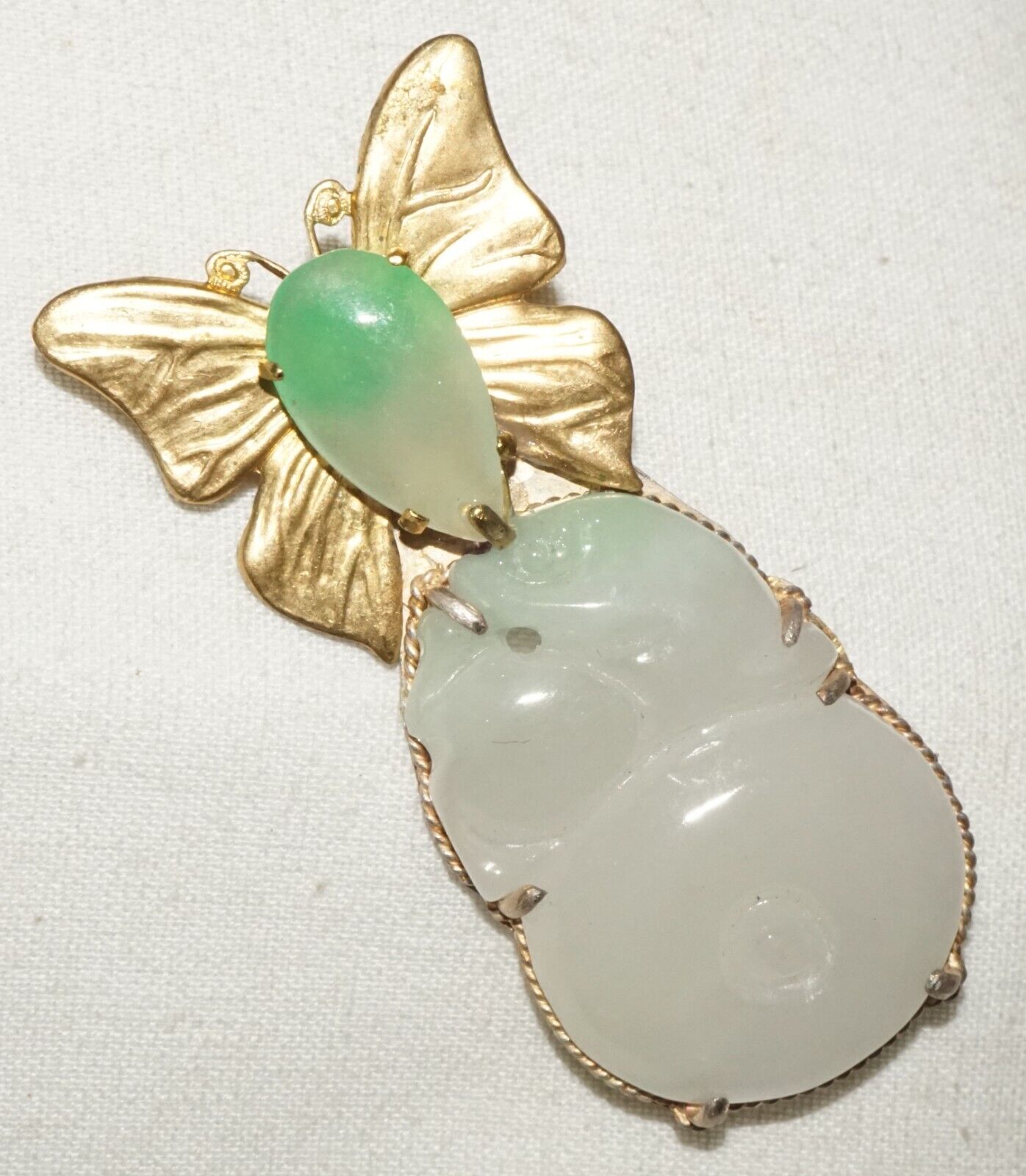 Vintage Chinese Fashion Jadeite Jade Butterfly Motif Brooch Pendant (LeP)
