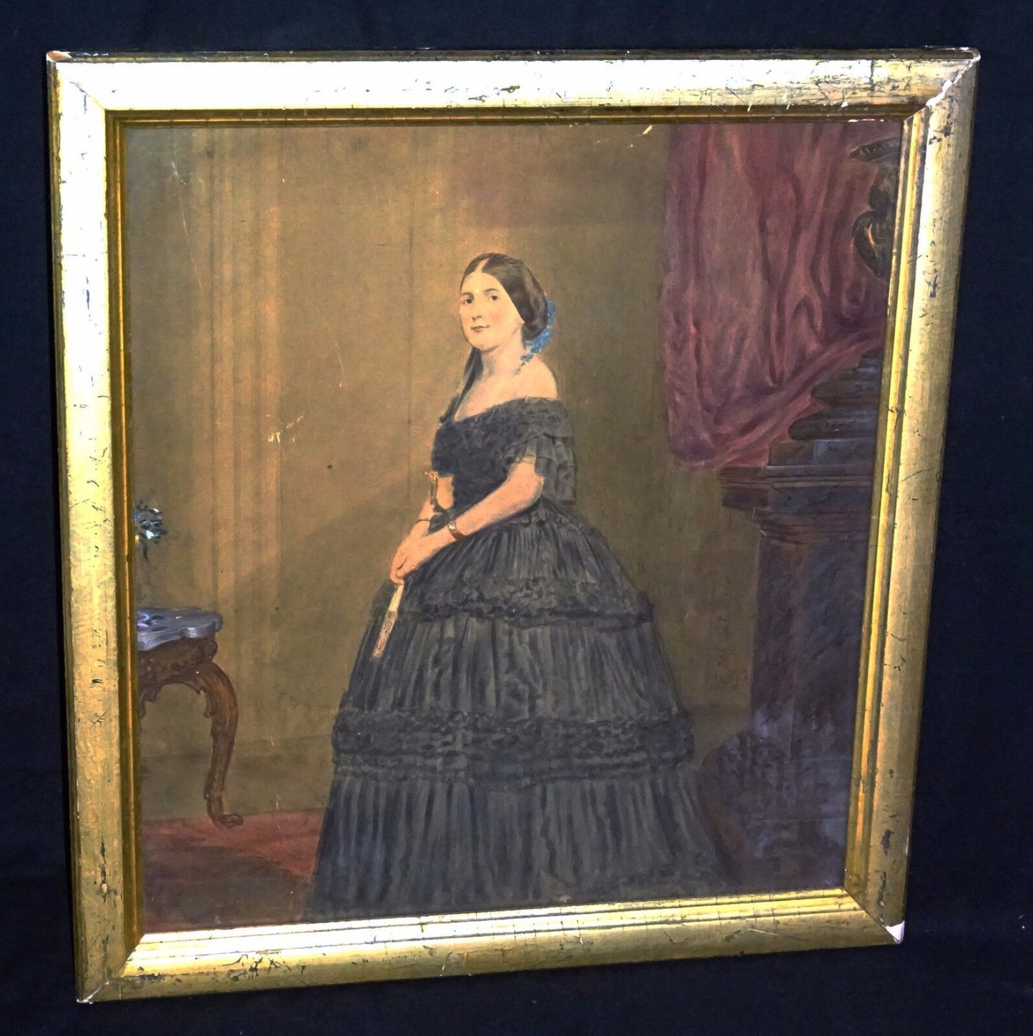 19C Victorian Gouache WC Portrait Painting Woman in Interior illegibly sign(Sto)
