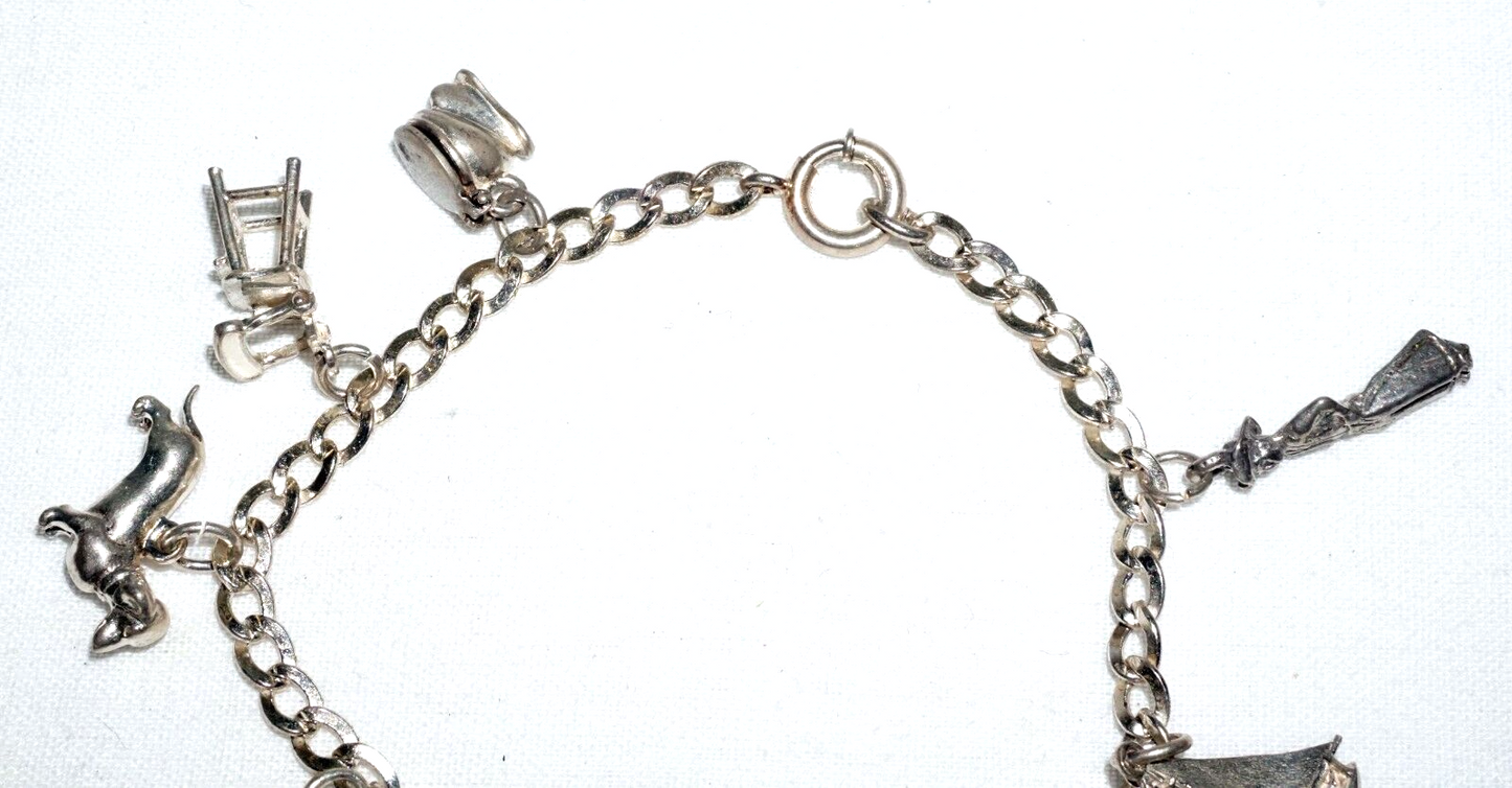 Vintage Sterling Silver Charm Bracelet w. 9x Charms Ballerina Wiener Dog (BrM)#6