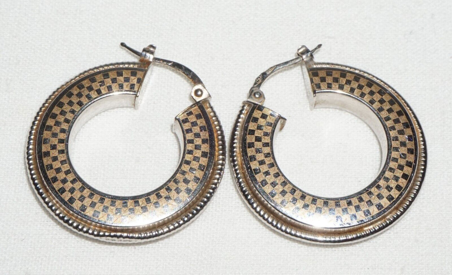 Pair Vintage Italy Modernist 18k White Gold Checker Pattern Hoop Earrings (JoD)