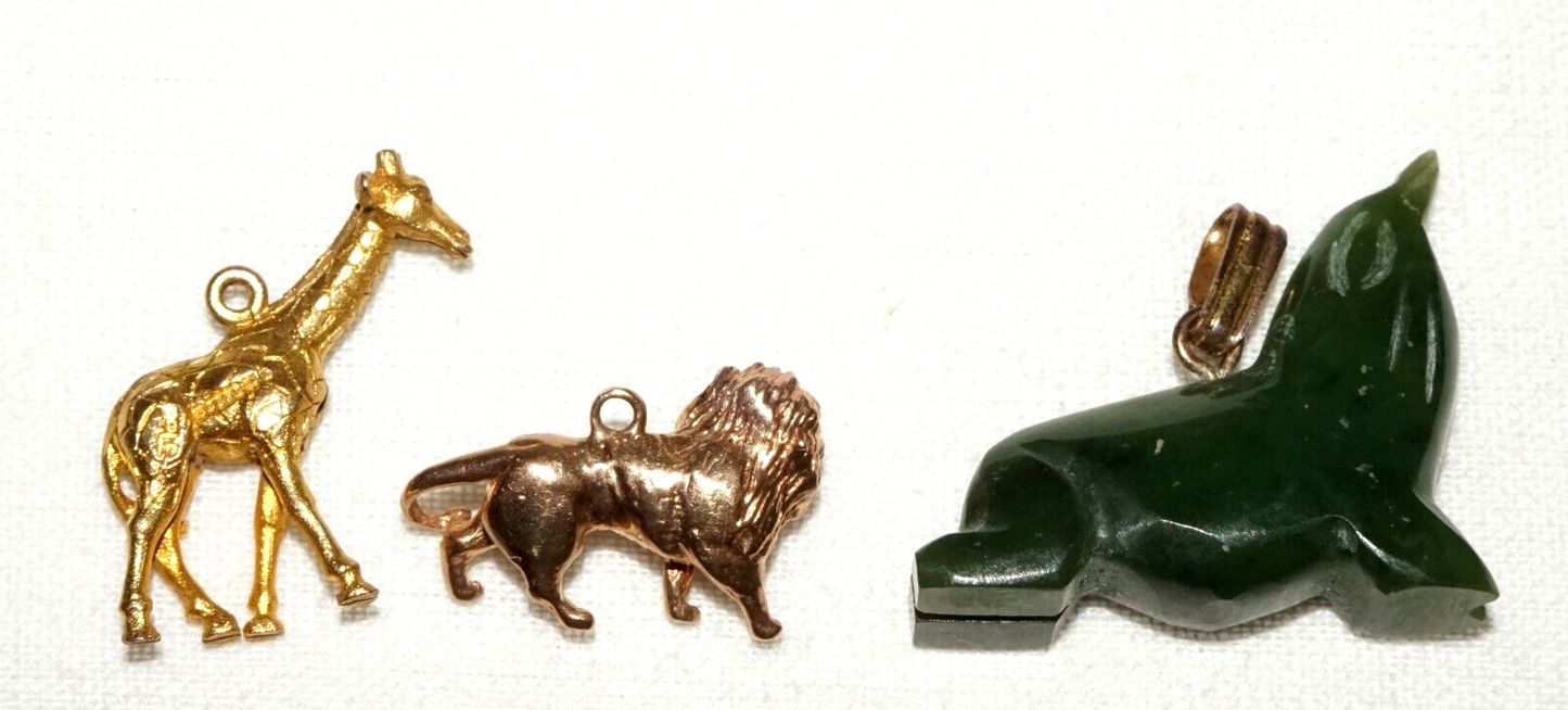 3Pc US UK 9k/14k Gold & Jade Animal Charms Giraffe, Lion, Sea Lion (KoS) L23