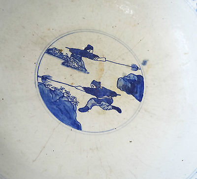 EARLY 20CT CHINESE BLUE & WHITE LG STONE WARE BOWL w. WARRIOR MOTIFS (BTG)