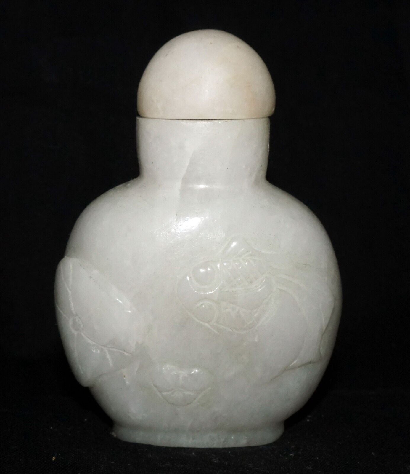 Vintage Chinese White Jadeite Jade Carved Snuff Bottle w Goldfish Motif(LeS) G11