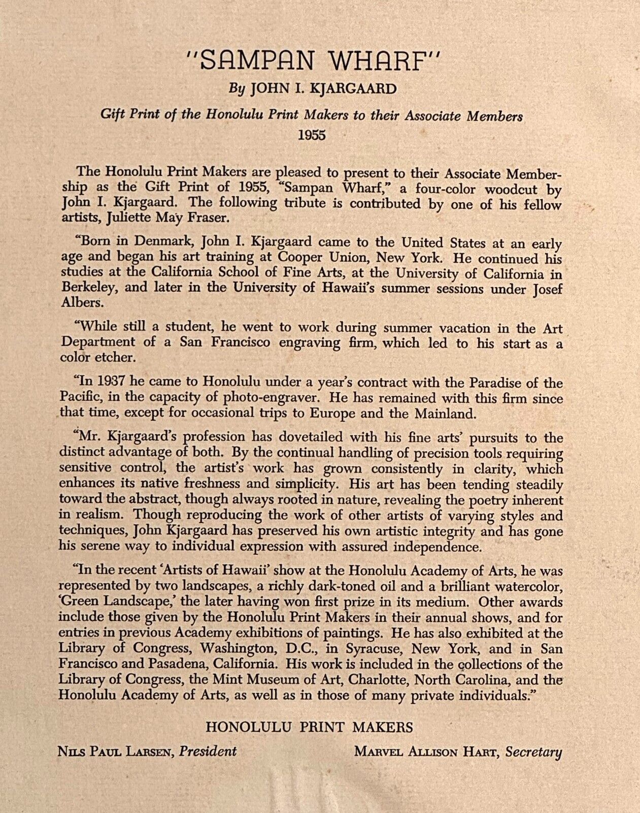 Mid-Century Hawaii 4-Color Woodcut "Sampan Wharf" by John I. Kjargaard (KoR)