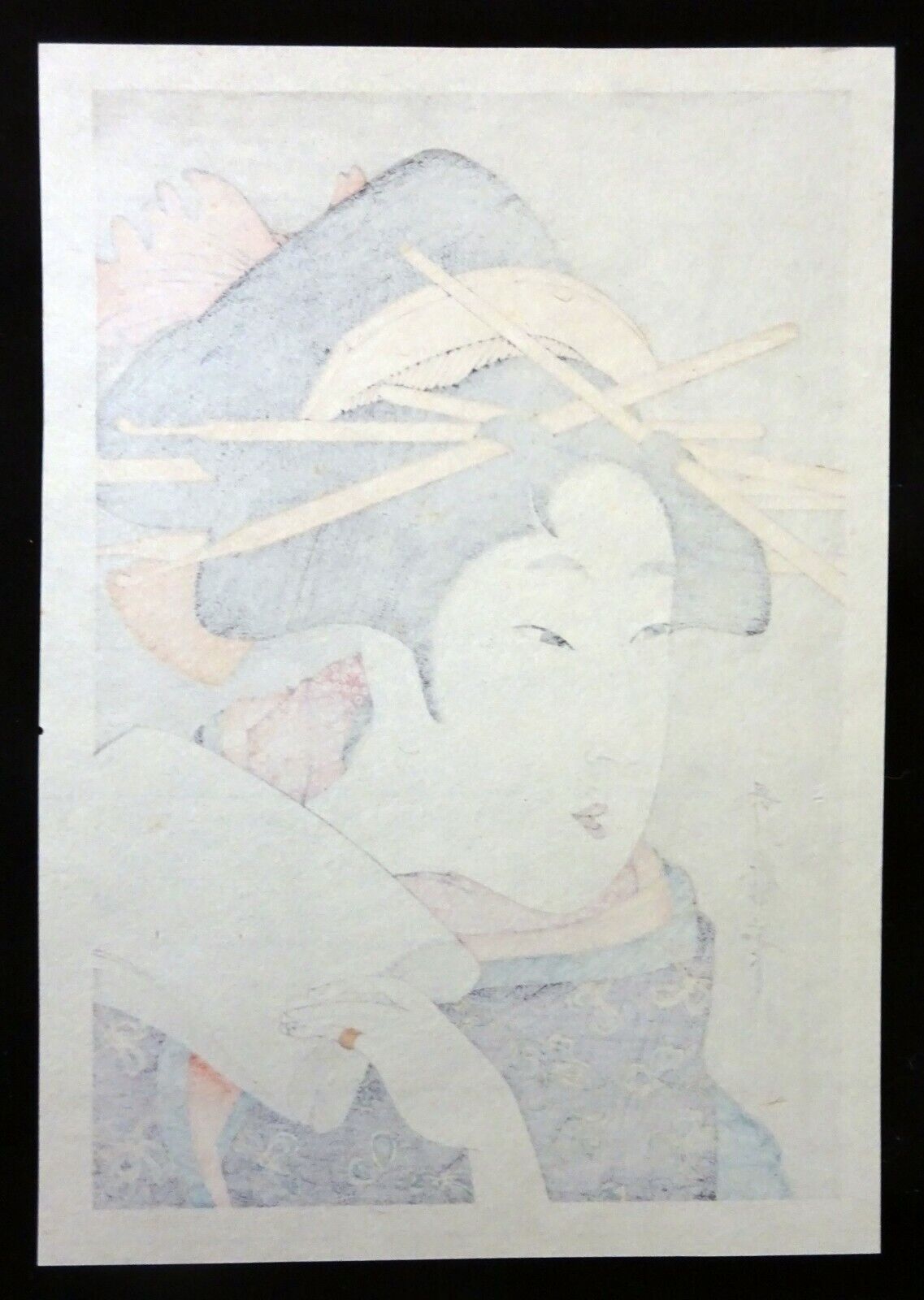 Vintage Japanese Woodblock Print Repro Geisha Holding Paper by Utagawa (Fuj)