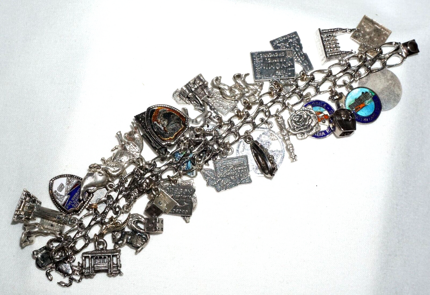 Vintage Sterling Silver Charm Bracelet w. 40x Travel & US State Charms (BrM)#6