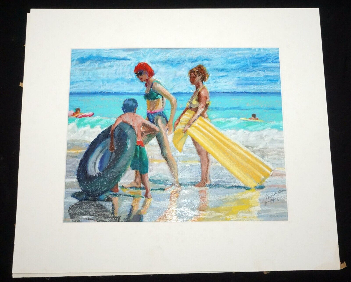 1997 Hawaii Oil Pastel Painting "Windward Beach Goers" by Ingrid Manzione (FeH)