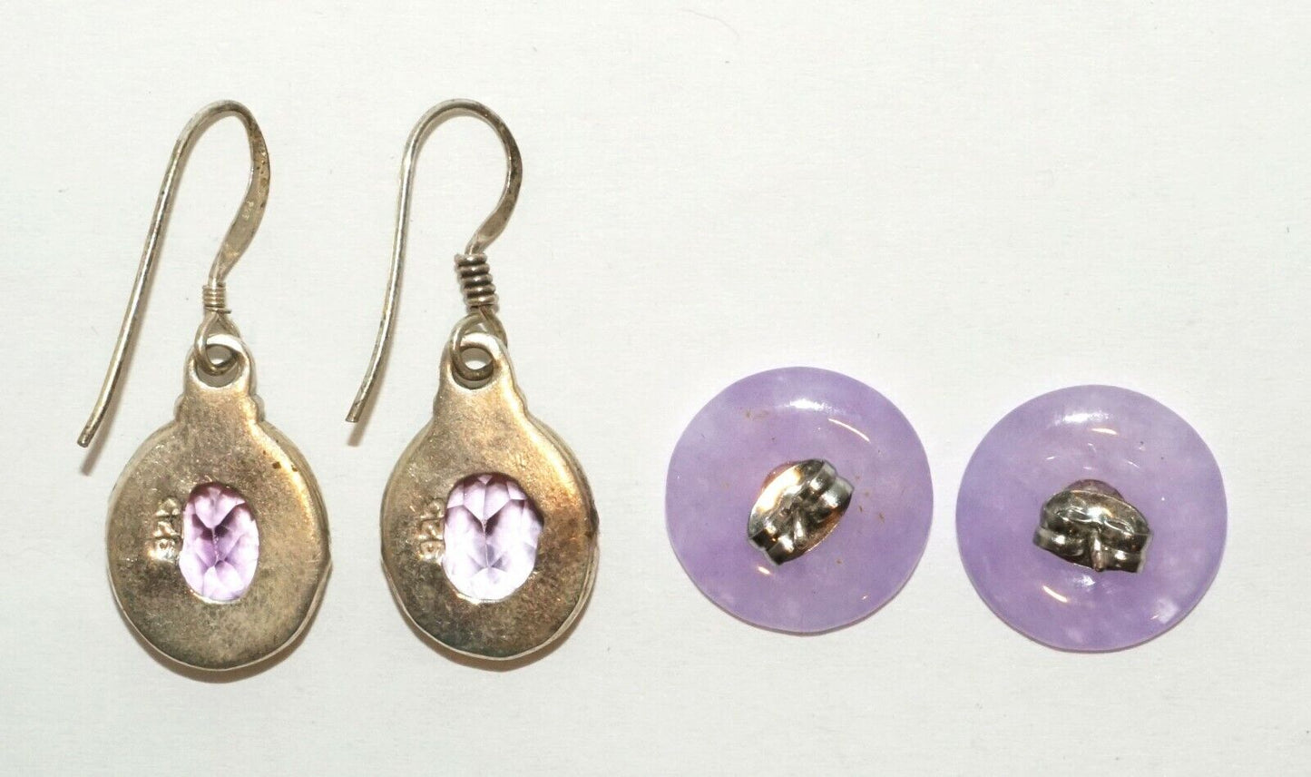 2xPairs Modern Silver Earrings w. Amethysts and Lavender Jade & CZ (HaL)#24