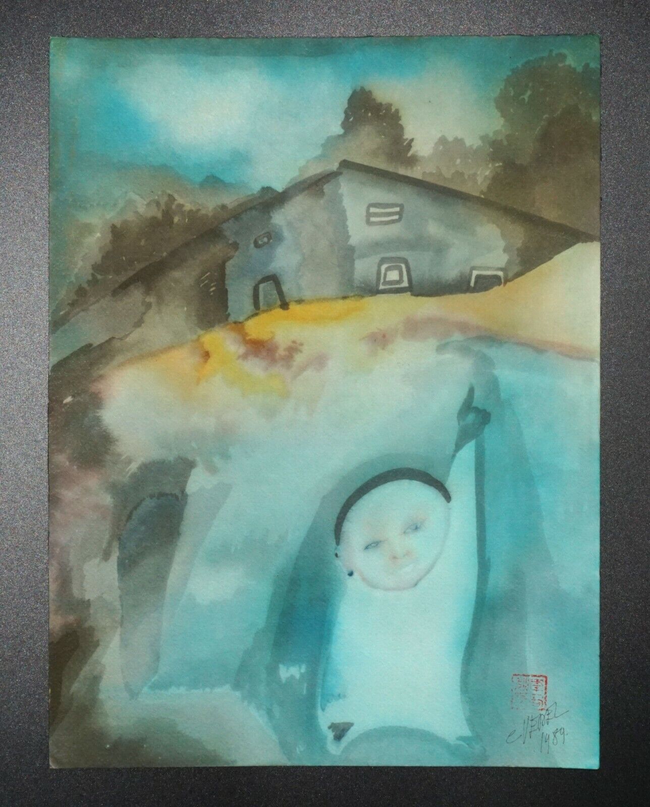'89 France Hawaii Outsider Art WC Painting Small Child by Claude Vedel (EtJ)#60