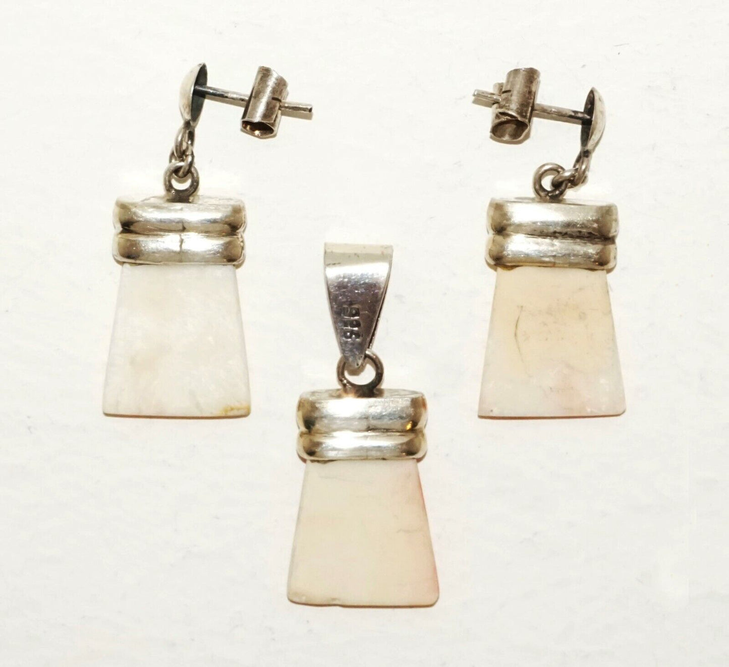 3Pc South Sea Sterling Silver Earrings & Pendant w. Pink Shell Accents (LeP)#19