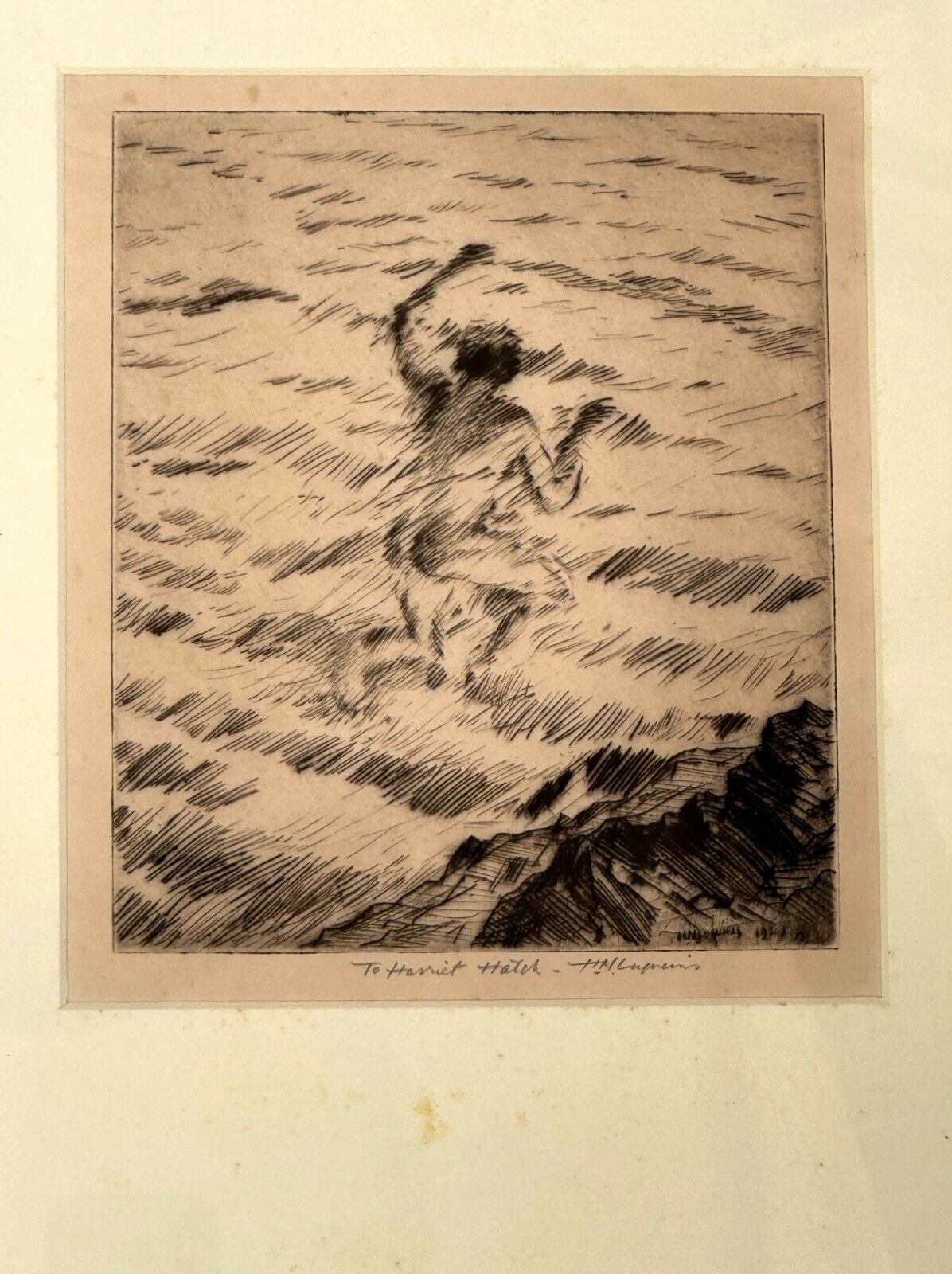 1921 Etching of a Man Swimming by Huc Mazelet Luquiens (KuK)