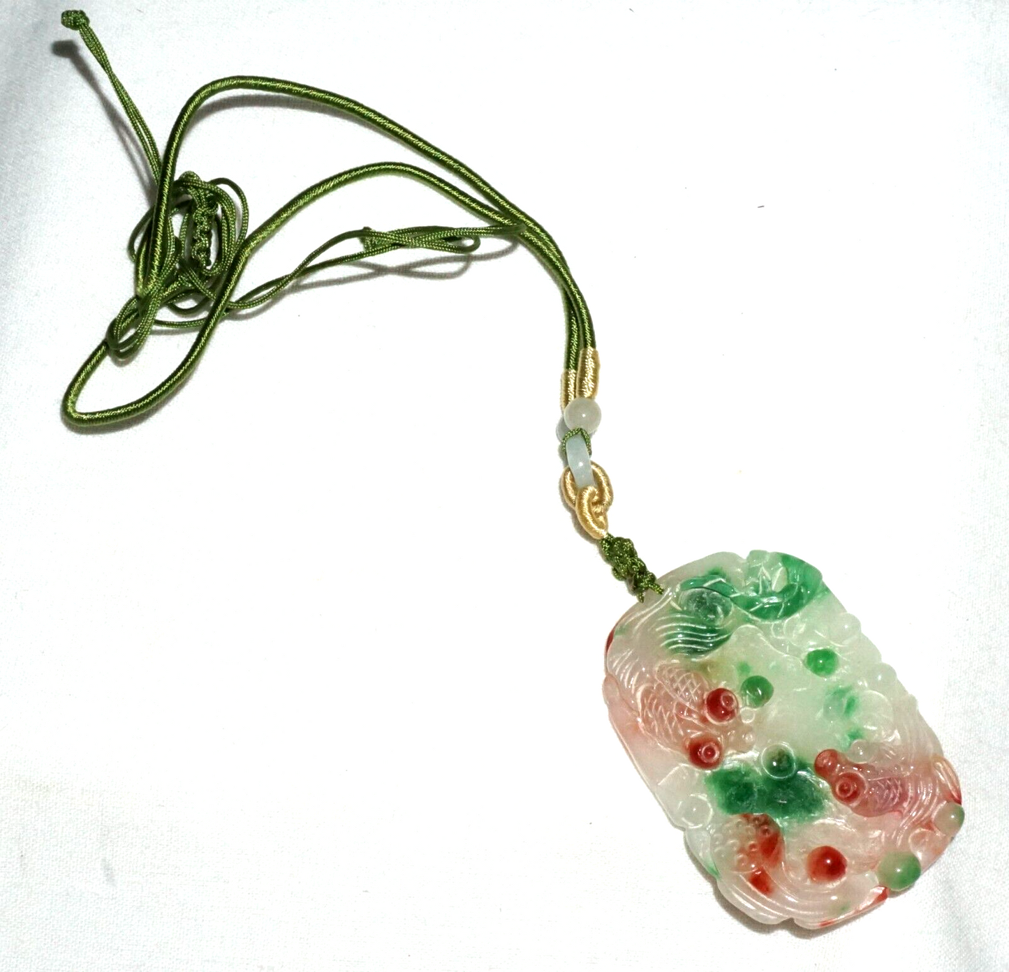 Vintage Chinese Semi Translucent Jadeite Jade Pendant w. Goldfish Motifs (---)